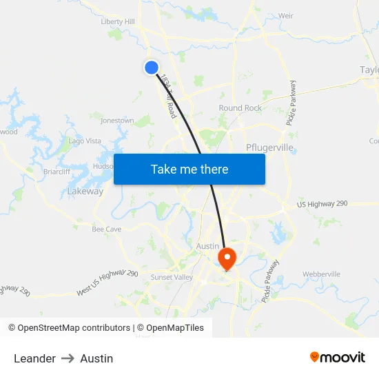 Leander to Austin map