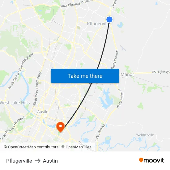 Pflugerville to Austin map