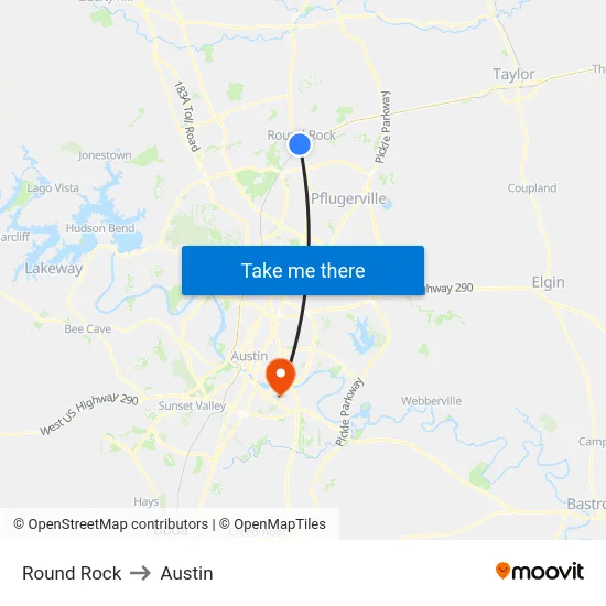 Round Rock to Austin map