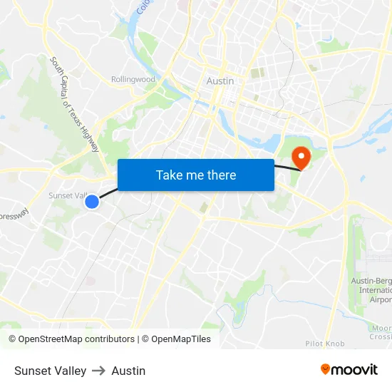 Sunset Valley to Austin map