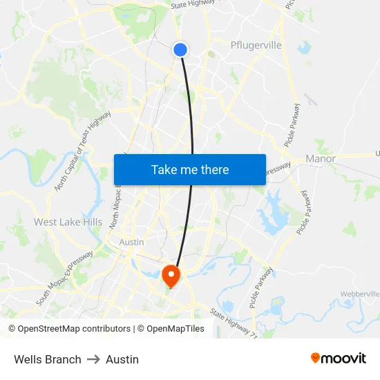 Wells Branch to Austin map