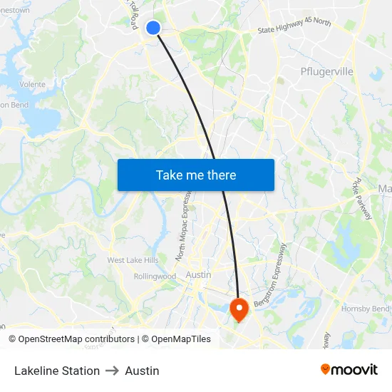 Lakeline Station to Austin map