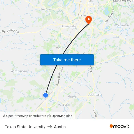 Texas State University to Austin map