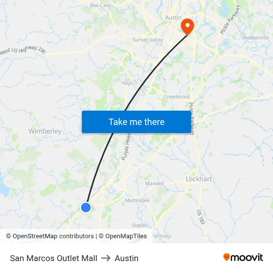 San Marcos Outlet Mall to Austin map