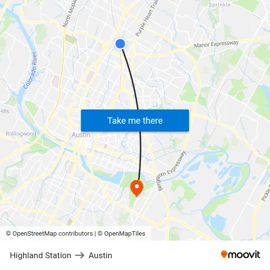 Highland Station to Austin map