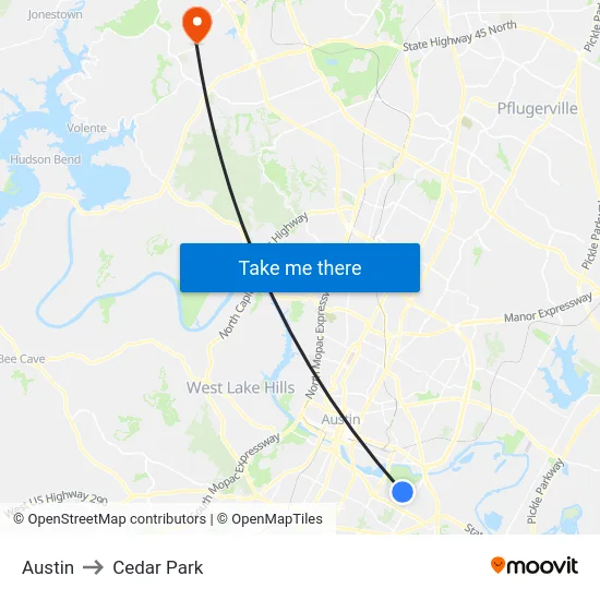 Austin to Cedar Park map