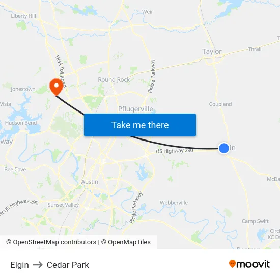 Elgin to Cedar Park map