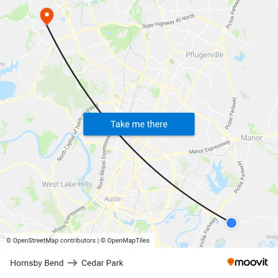 Hornsby Bend to Cedar Park map