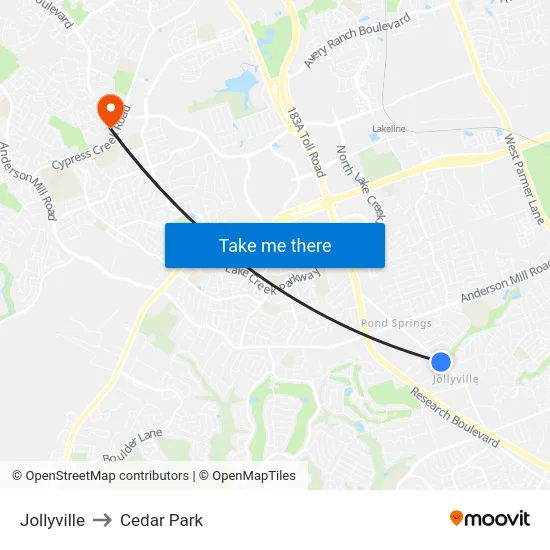 Jollyville to Cedar Park map