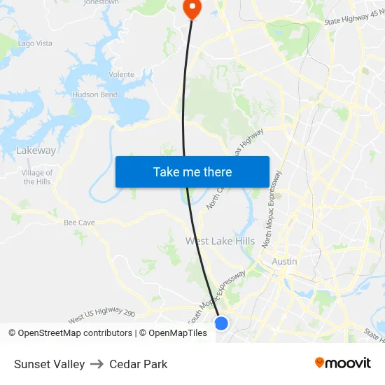 Sunset Valley to Cedar Park map