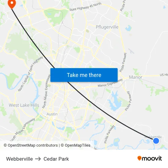 Webberville to Cedar Park map