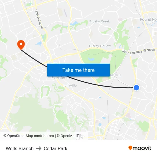 Wells Branch to Cedar Park map