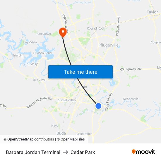 Barbara Jordan Terminal to Cedar Park map