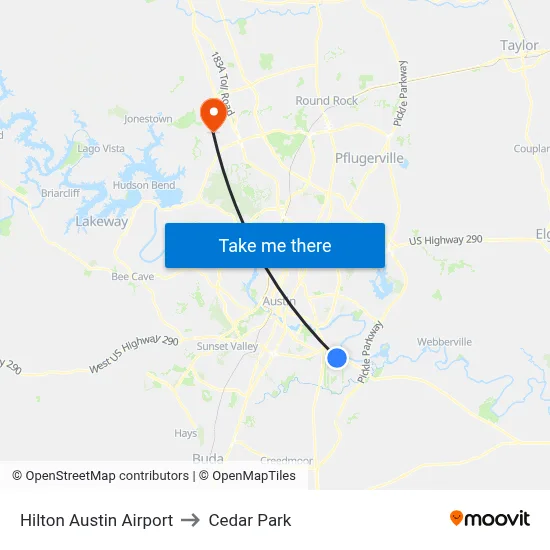 Hilton Austin Airport to Cedar Park map