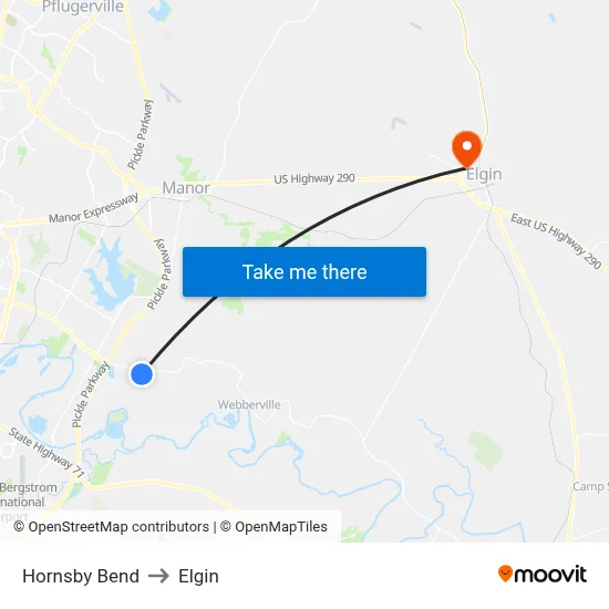 Hornsby Bend to Elgin map