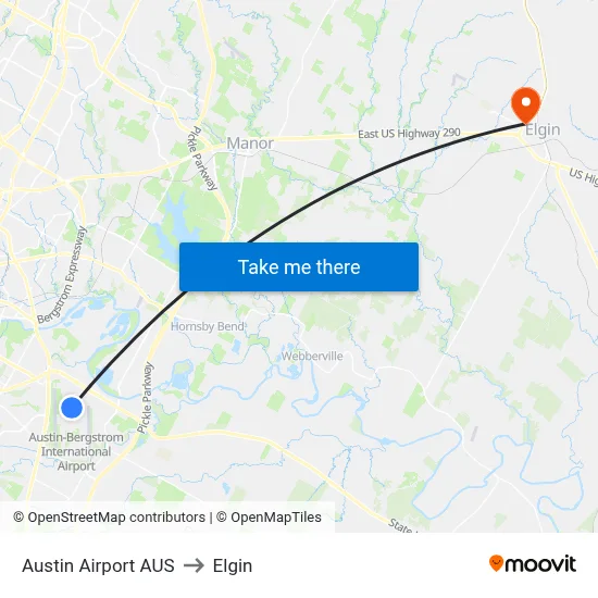 Austin Airport AUS to Elgin map