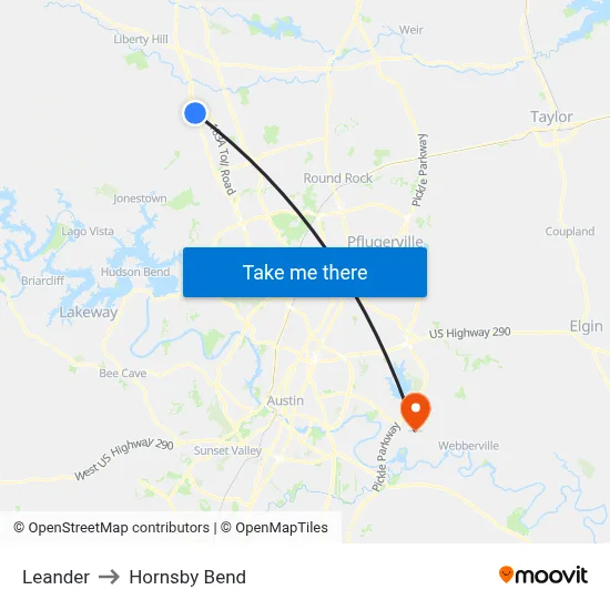 Leander to Hornsby Bend map