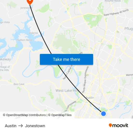 Austin to Jonestown map
