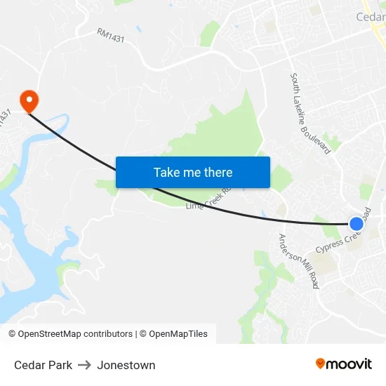 Cedar Park to Jonestown map