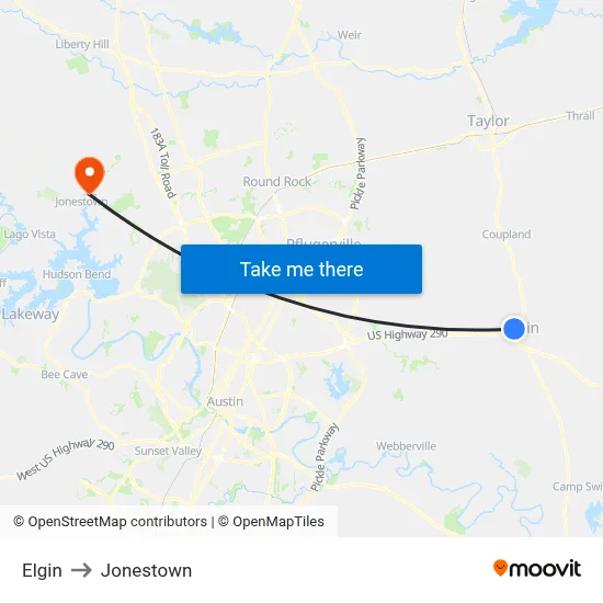 Elgin to Jonestown map
