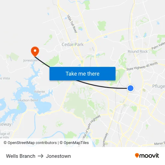Wells Branch to Jonestown map