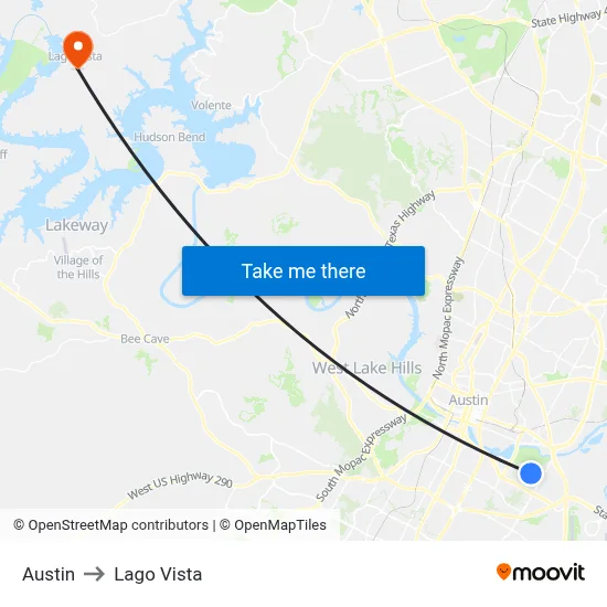 Austin to Lago Vista map