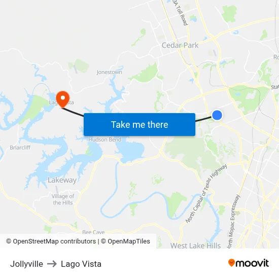 Jollyville to Lago Vista map