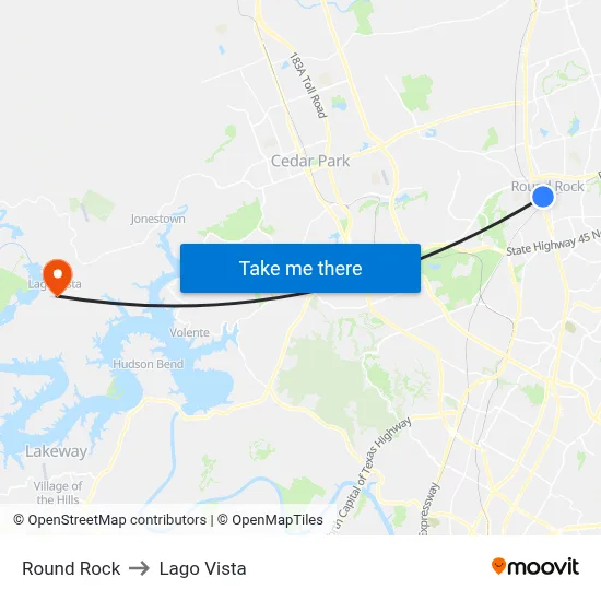 Round Rock to Lago Vista map