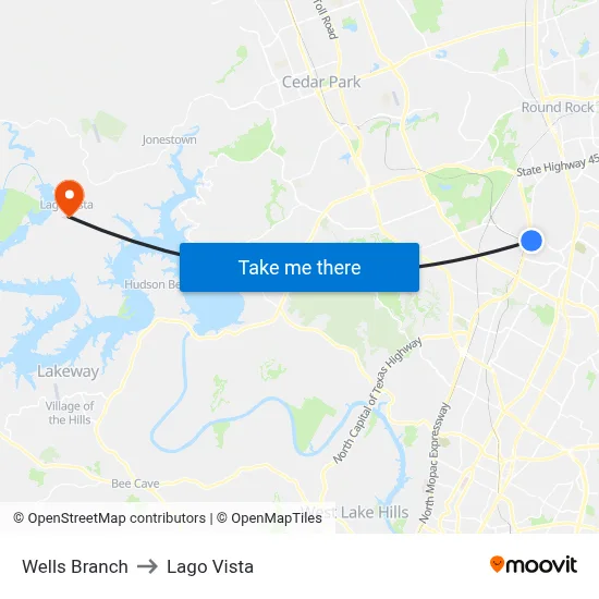 Wells Branch to Lago Vista map