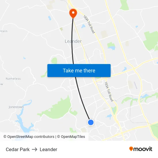 Cedar Park to Leander map