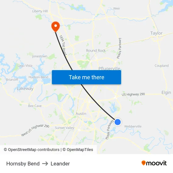 Hornsby Bend to Leander map