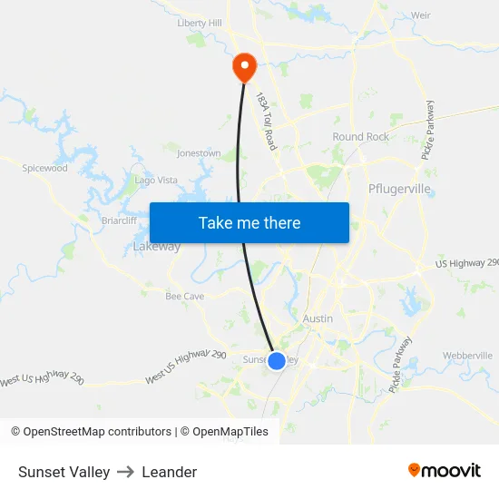 Sunset Valley to Leander map