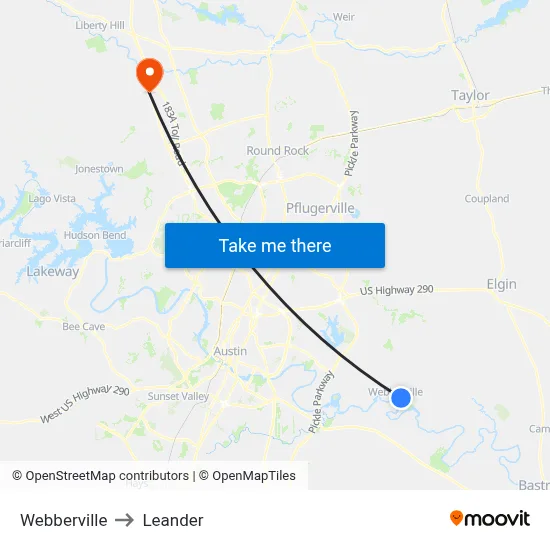 Webberville to Leander map
