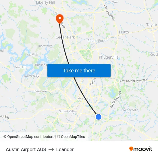 Austin Airport AUS to Leander map