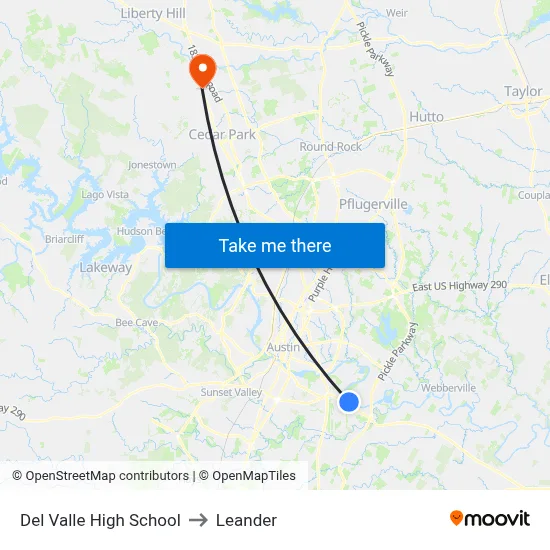 Del Valle High School to Leander map