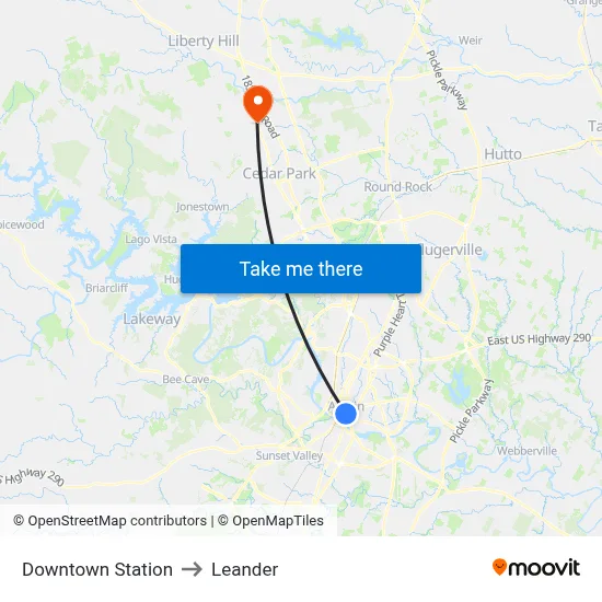 Downtown Station to Leander map