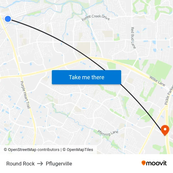 Round Rock to Pflugerville map