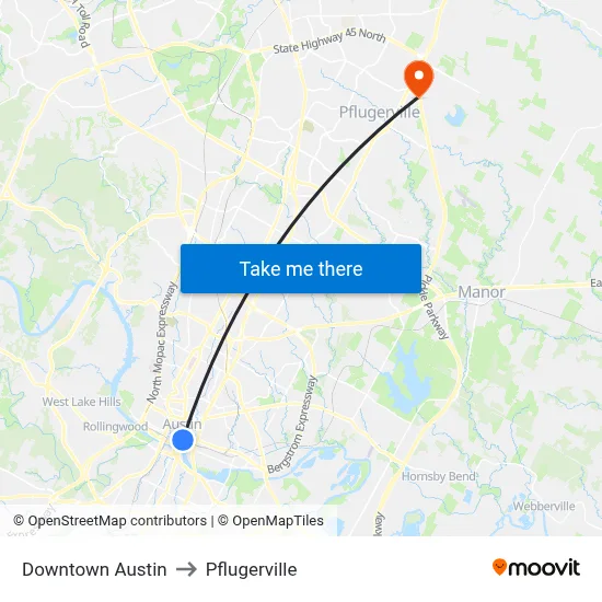 Downtown Austin to Pflugerville map