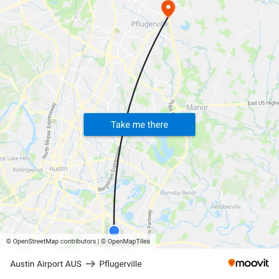 Austin Airport AUS to Pflugerville map