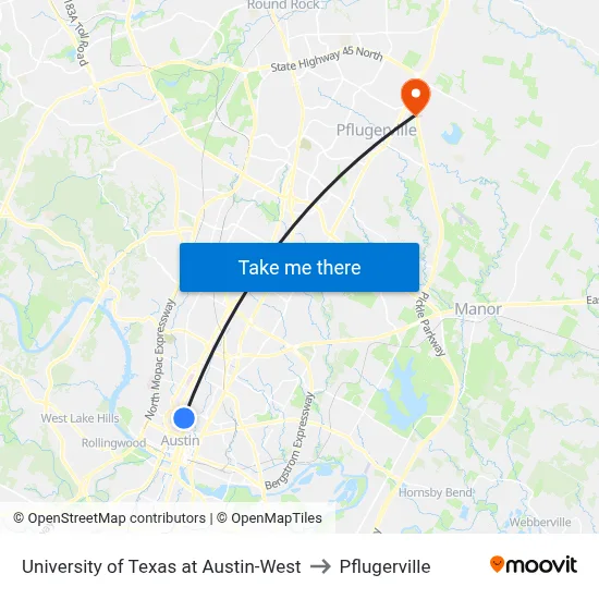 University of Texas at Austin-West to Pflugerville map