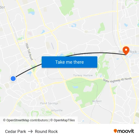 Cedar Park to Round Rock map