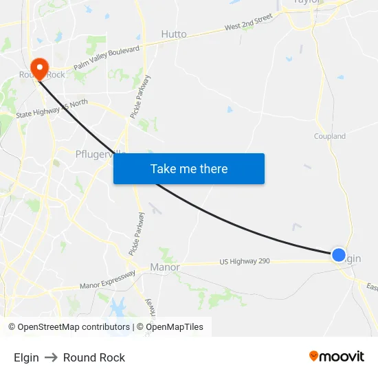 Elgin to Round Rock map