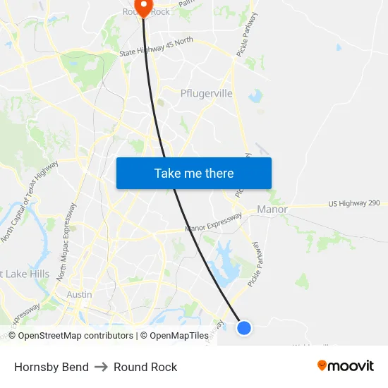 Hornsby Bend to Round Rock map