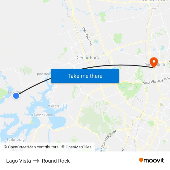 Lago Vista to Round Rock map