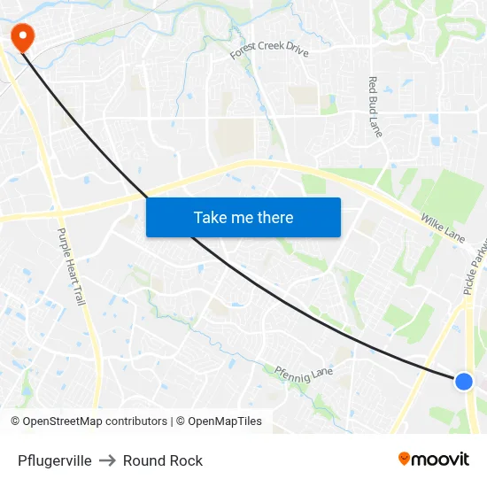 Pflugerville to Round Rock map