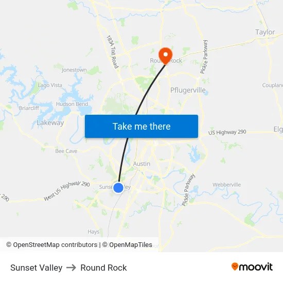 Sunset Valley to Round Rock map