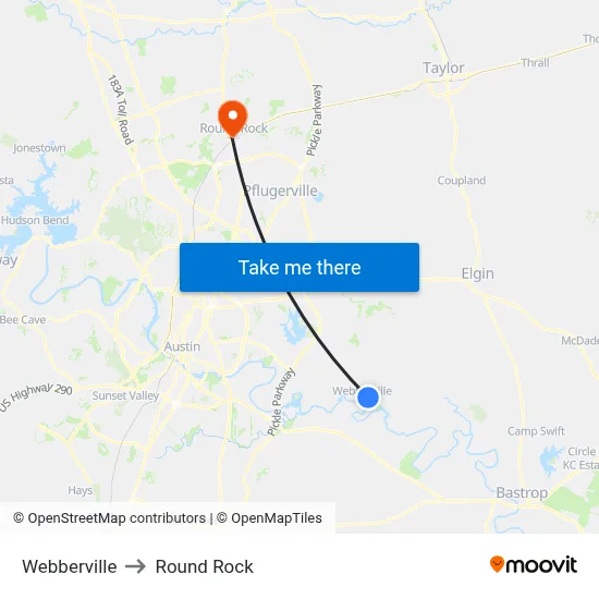 Webberville to Round Rock map