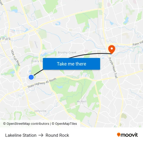Lakeline Station to Round Rock map