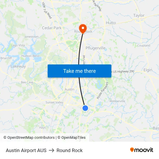Austin Airport AUS to Round Rock map