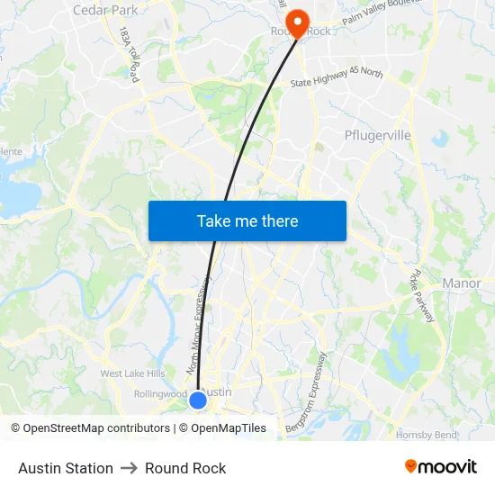 Austin Station to Round Rock map